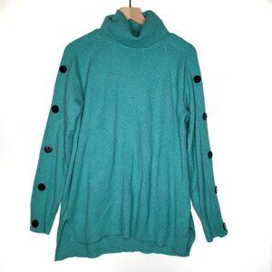 Cowl Neck Turtleneck Sweater M Aqua Teal Blue Button Sleeve Pullover Cozy‎ Soft
